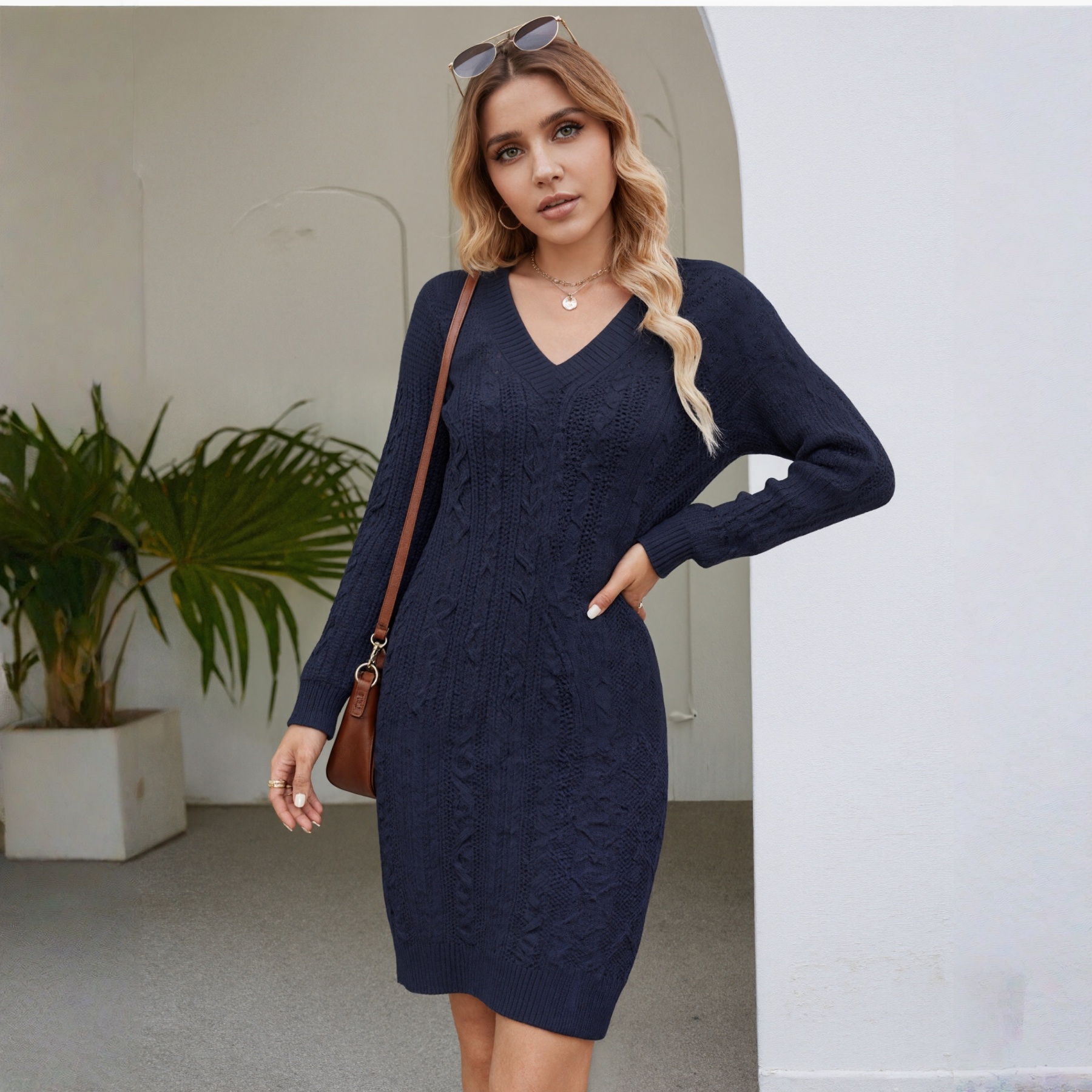 Womens Cable Knit Sweater Dress V-Neck Long Sleeve Winter Dress